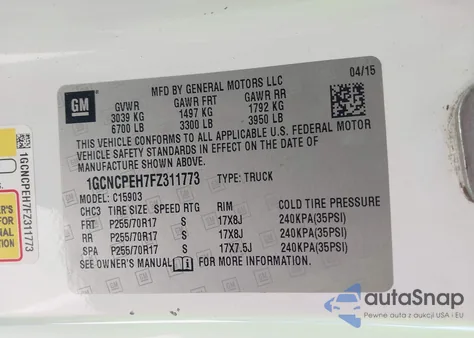 2015 Chevrolet Silverado 1500 Ls/Wt из США, поврежденный, VIN 1GCNCPEH7FZE11773